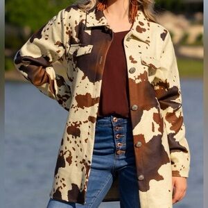 Cow Print Shacket with Pockets- Brown